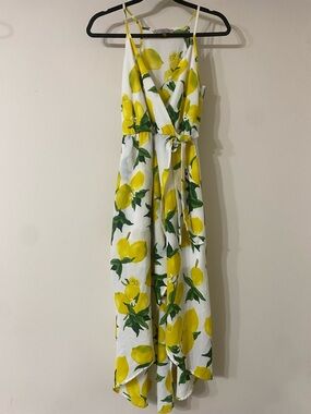 Lemon-Print Midi Wrap Dress in Yellow